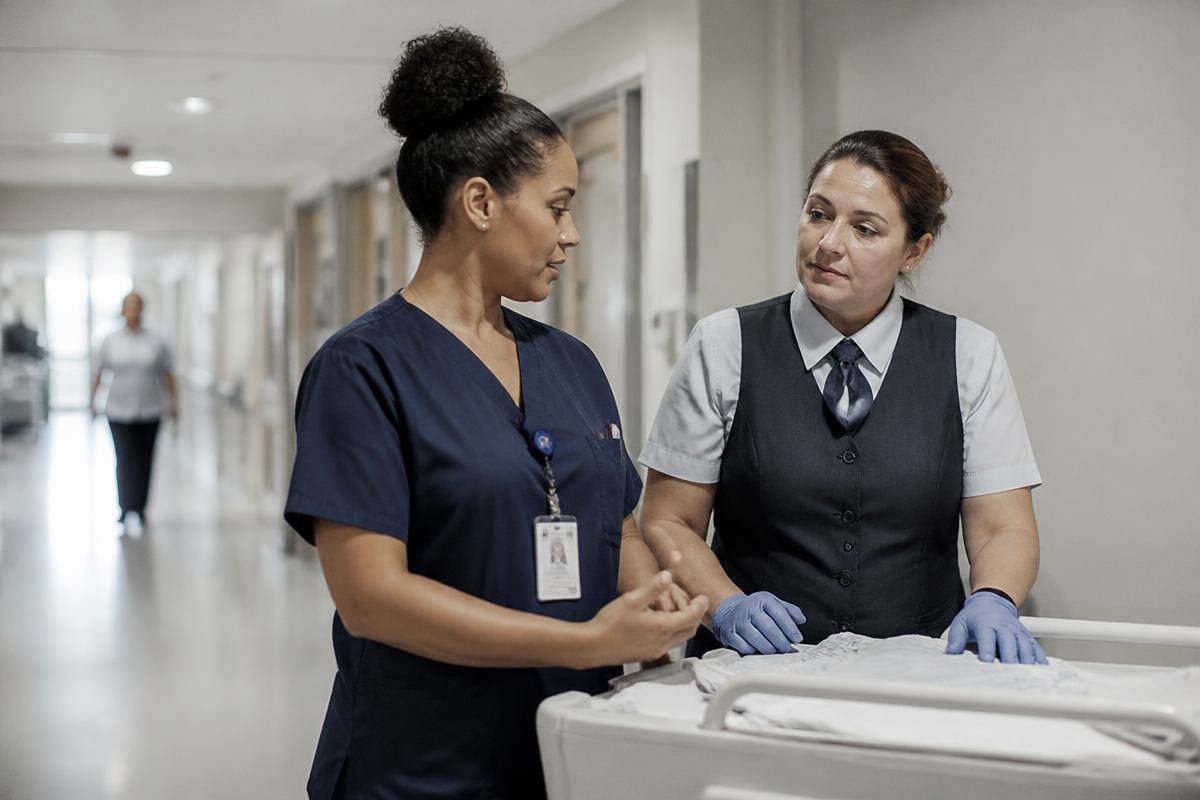 A nurse and a hospitality worker on shift in a hospital corridor